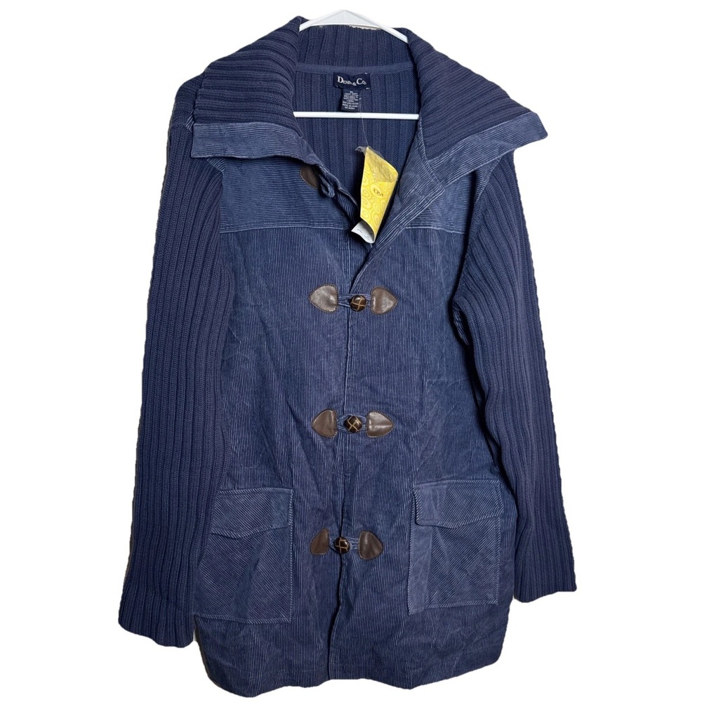 NWT‎ Denim & Co Women's XL Navy Toggle Coat Rib Knit Sleeves Corduroy Jacket QVC
